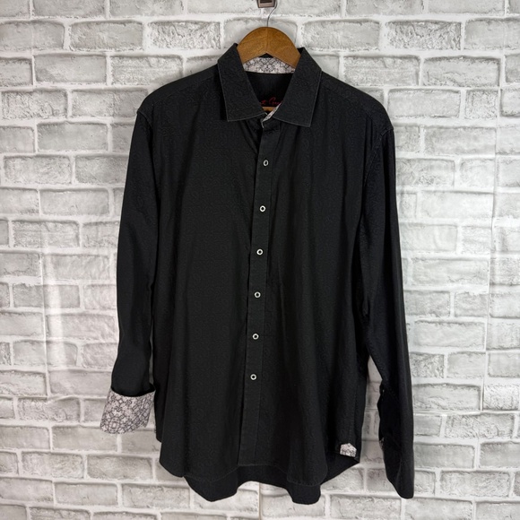 Robert Graham Designer All Black Paisley Print Flip Cuff Dress Shirt Mens XL - Picture 2 of 8